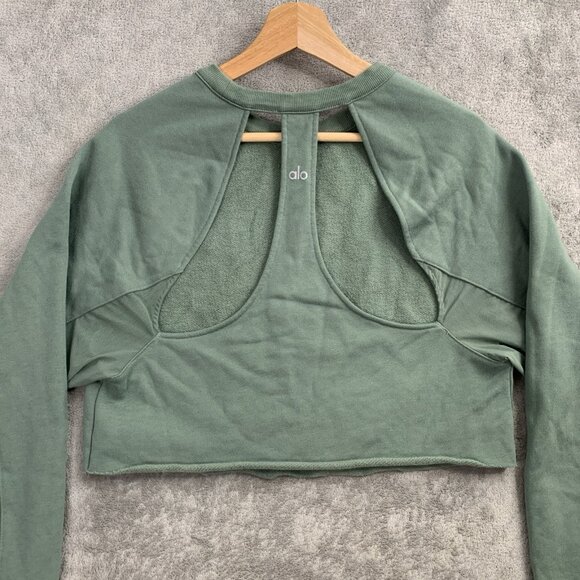 Alo Transcend Cutout Pullover Sweatshirt Womens Small Moss Green Vented Crop Gym - Picture 8 of 9